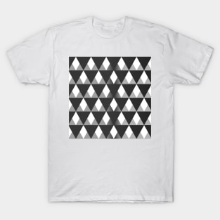 Black and grey triangular pattern background filling the frame. T-Shirt